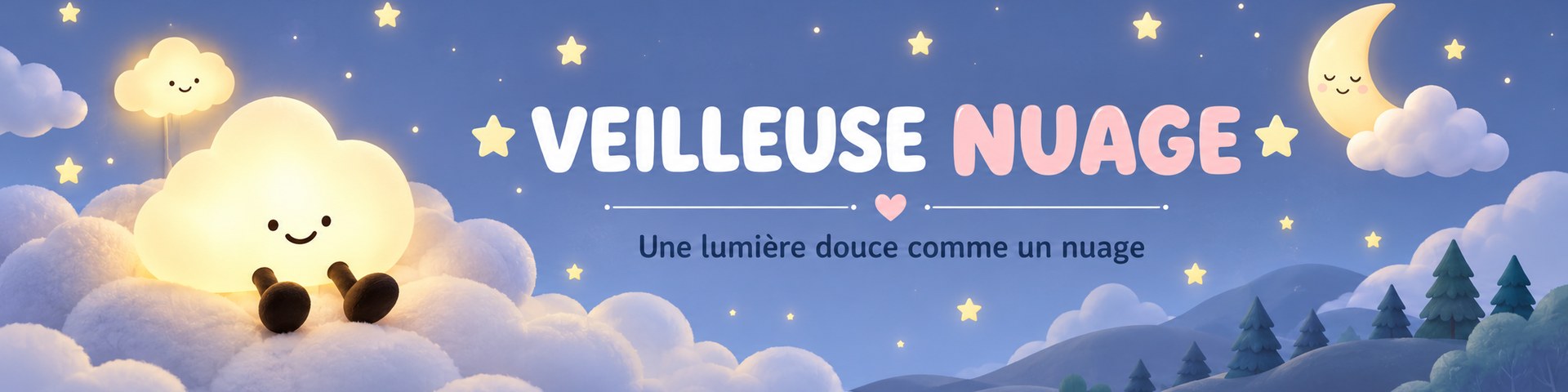Veilleuse nuage lumineuse au sourire posée sur des nuages, ciel étoilé