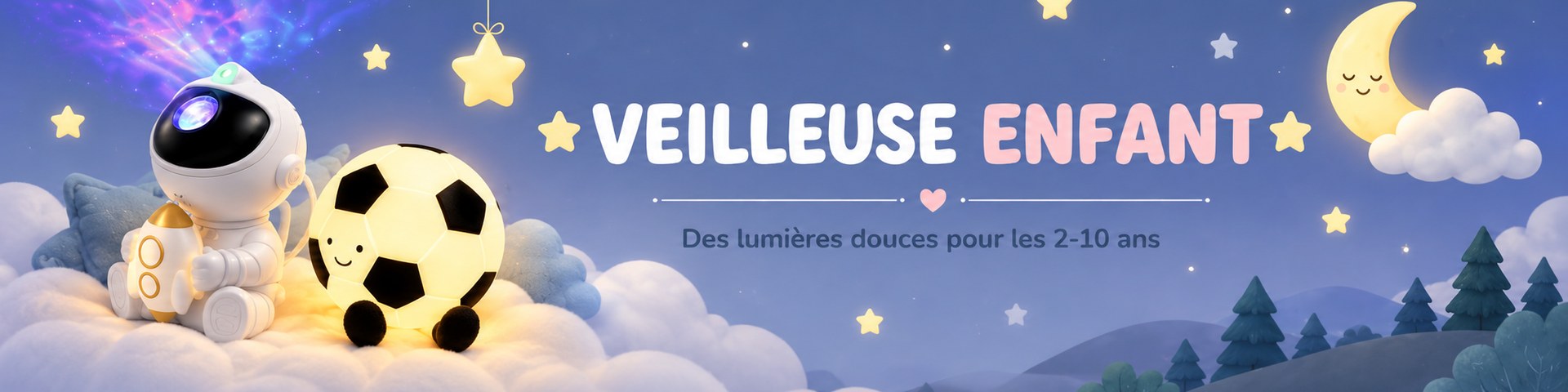 Veilleuses enfant astronaute projecteur et ballon de foot lumineux sur un nuage