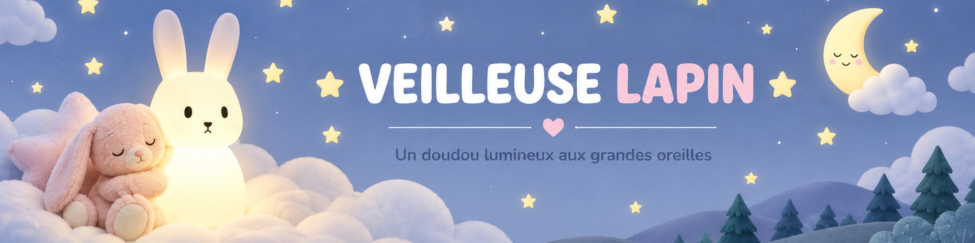 Veilleuse lapin lumineuse en silicone sur un nuage, ciel étoilé