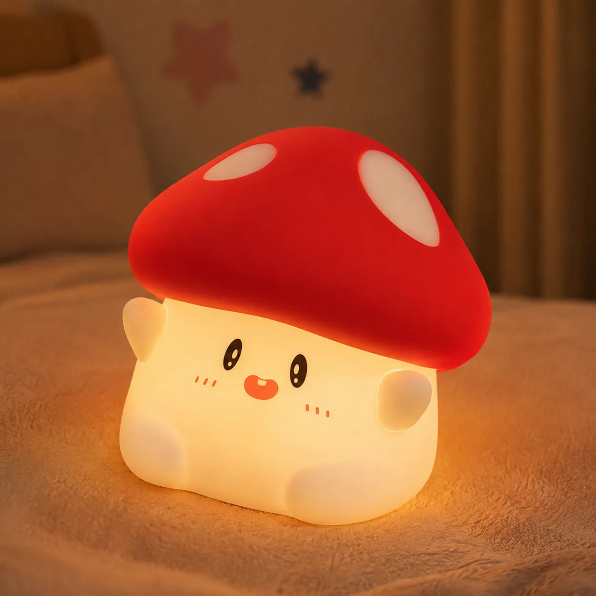 Veilleuse champignon en silicone allumée dans une chambre d'enfant