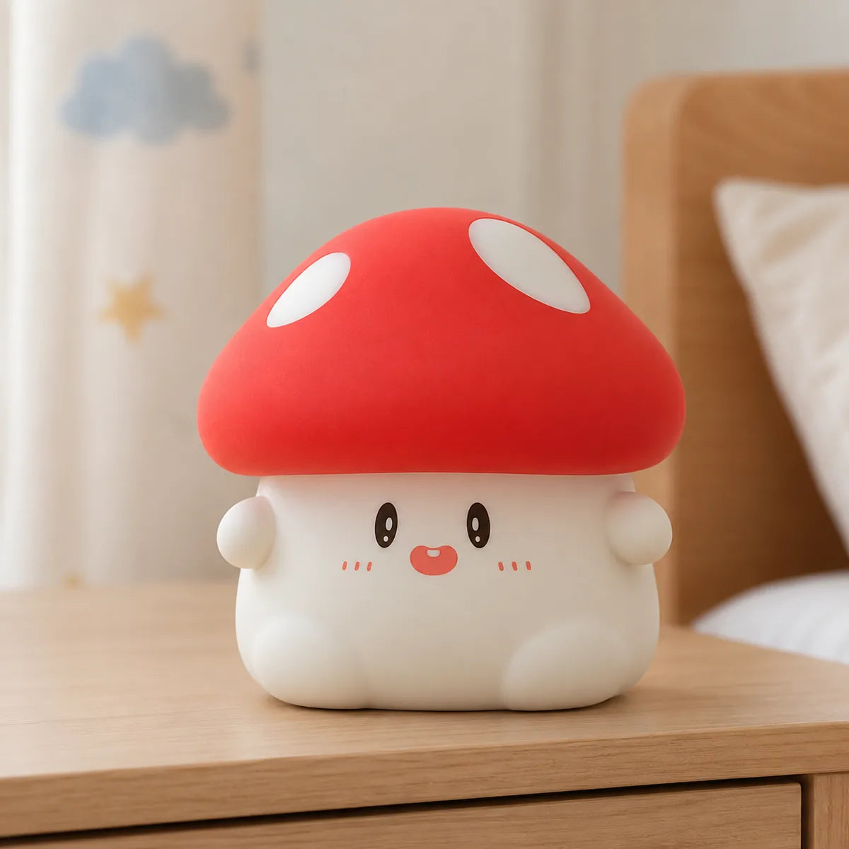 Veilleuse champignon en silicone éteinte, posée sur une table de chevet