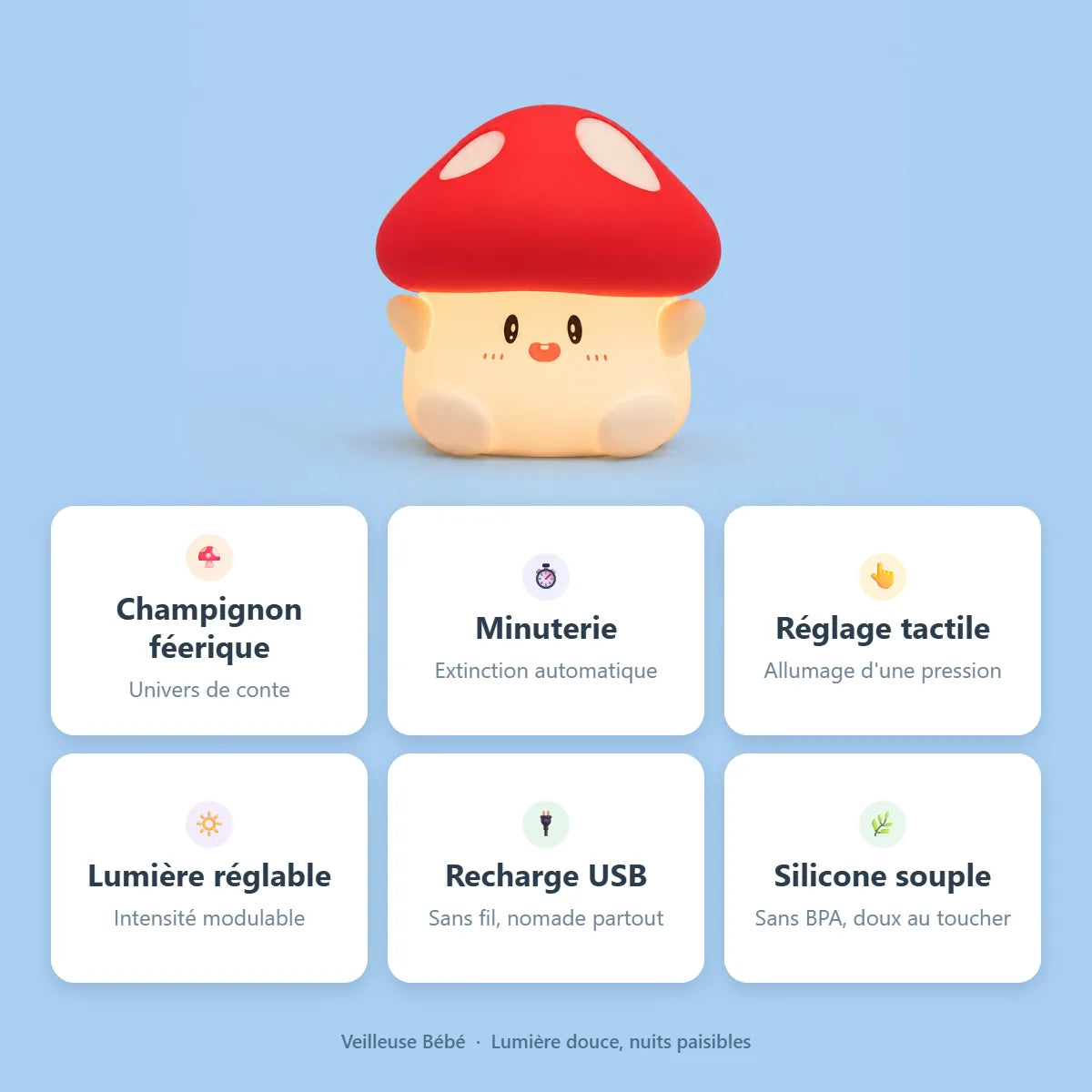 Veilleuse champignon en silicone : caractéristiques