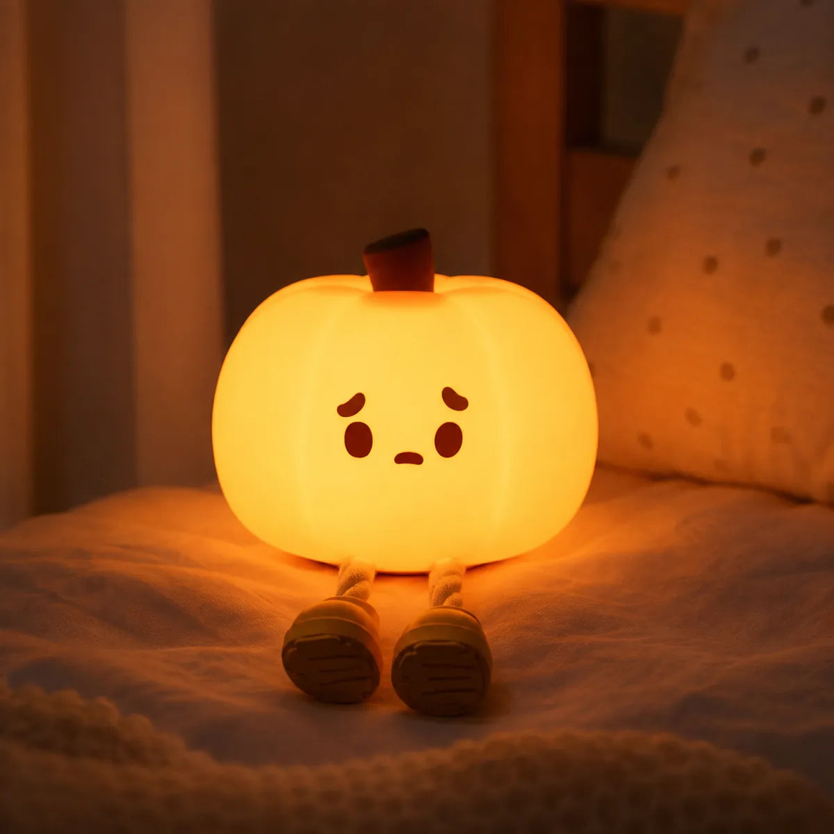 Veilleuse citrouille en silicone allumée dans une chambre d'enfant