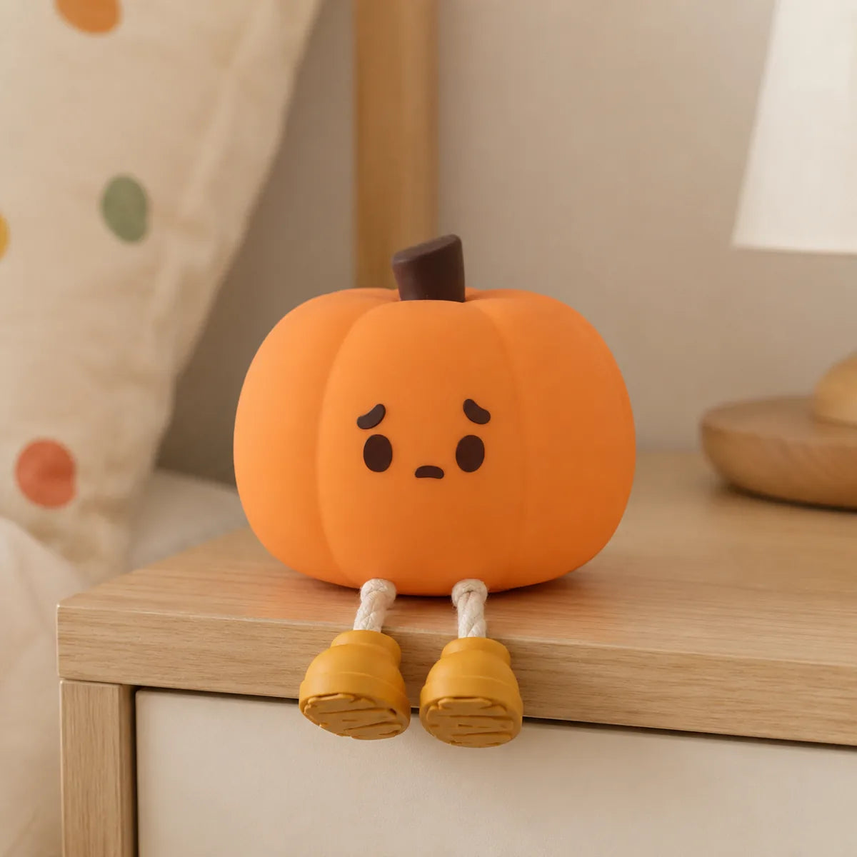 Veilleuse citrouille en silicone éteinte, posée sur une table de chevet