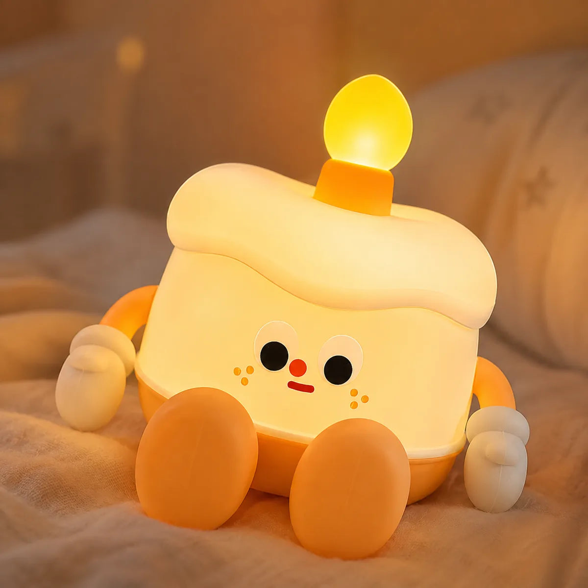 Veilleuse gâteau d'anniversaire en silicone allumée dans une chambre d'enfant