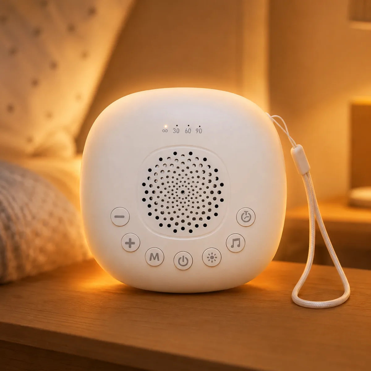 Machine a bruit blanc 24 sons allumee sur table de chevet cosy