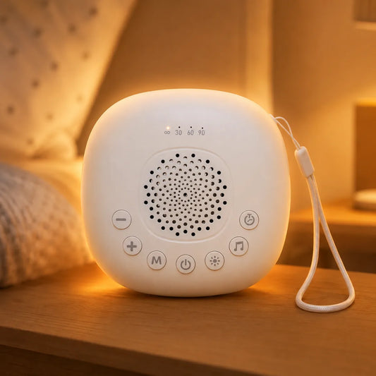 Machine a bruit blanc 24 sons allumee sur table de chevet cosy