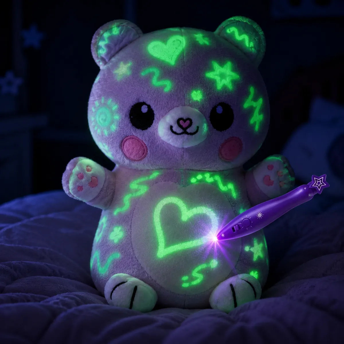 Veilleuse peluche chat phosphorescente a dessiner, dessins verts lumineux et stylo