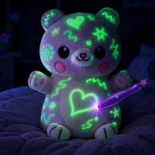 Veilleuse peluche chat phosphorescente a dessiner, dessins verts lumineux et stylo