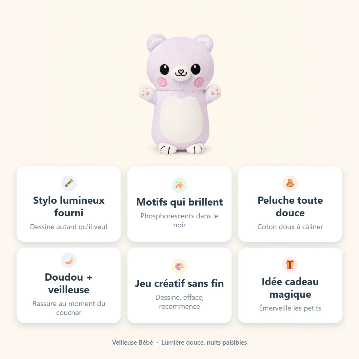 Veilleuse peluche chat : stylo lumineux fourni, motifs phosphorescents, coton doux
