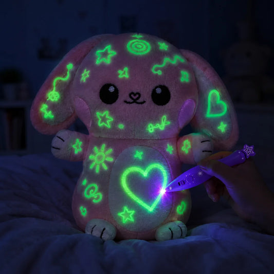 Veilleuse peluche lapin phosphorescente a dessiner, dessins verts lumineux et stylo