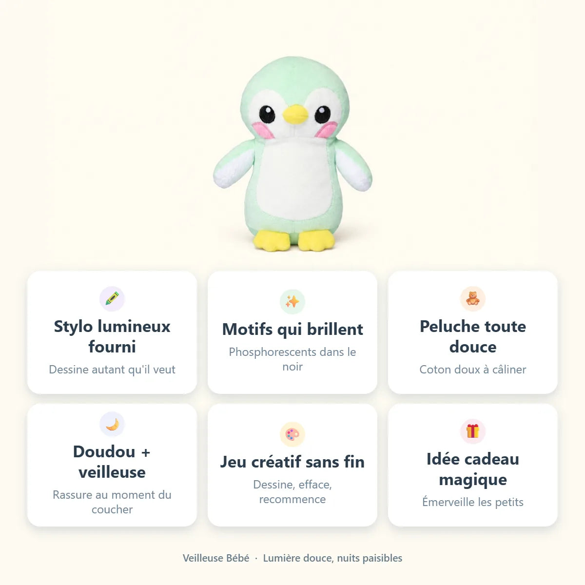 Veilleuse peluche pingouin : stylo lumineux fourni, motifs phosphorescents, coton doux