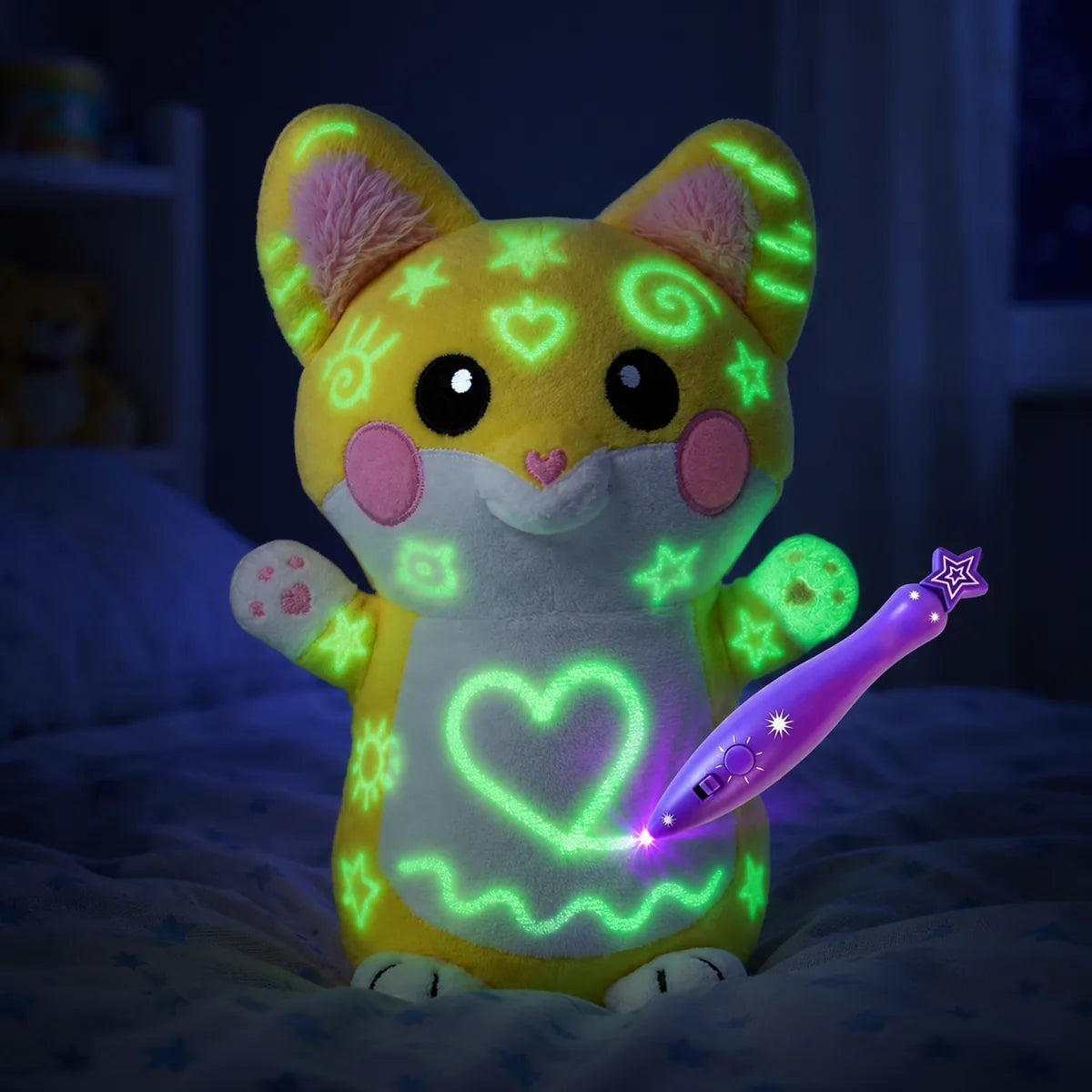 Veilleuse peluche renard phosphorescente a dessiner, dessins verts lumineux et stylo
