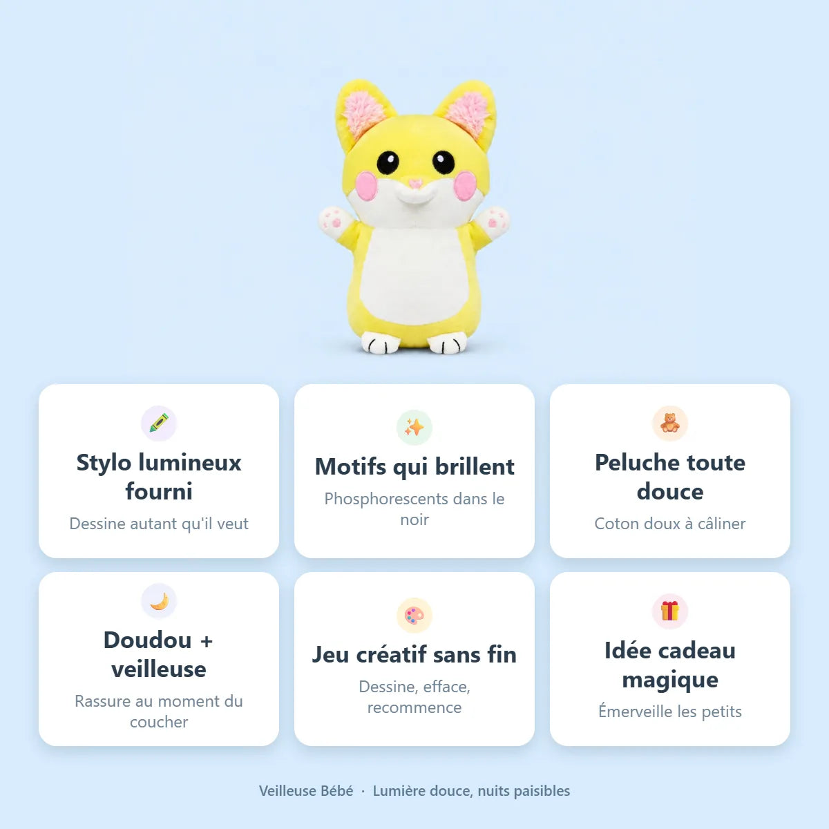 Veilleuse peluche renard : stylo lumineux fourni, motifs phosphorescents, coton doux