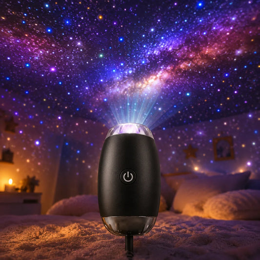 Projecteur galaxie USB allume dans une chambre cosy