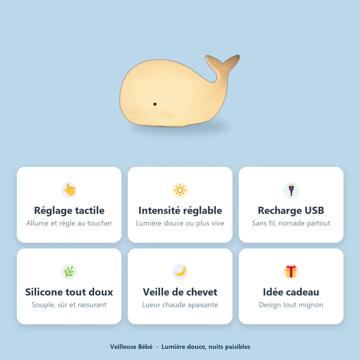 Veilleuse baleine silicone : reglage tactile, intensite reglable, rechargeable USB, silicone doux