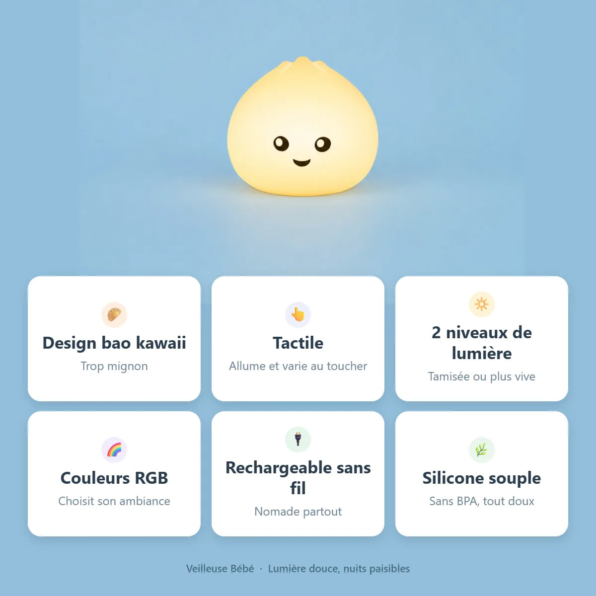 Veilleuse bao - avantages : design kawaii, tactile, 2 niveaux, RGB, rechargeable, silicone sans BPA