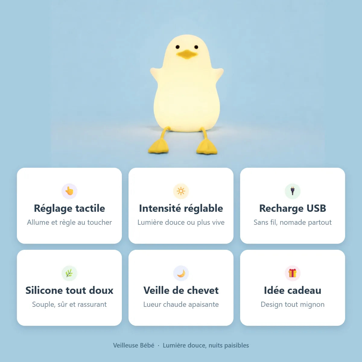 Veilleuse canard : reglage tactile, intensite reglable, rechargeable, silicone doux