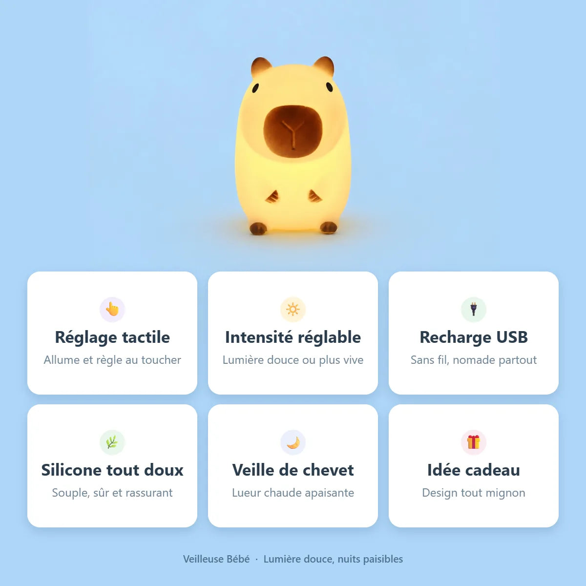 Veilleuse capybara : reglage tactile, intensite reglable, rechargeable, silicone doux
