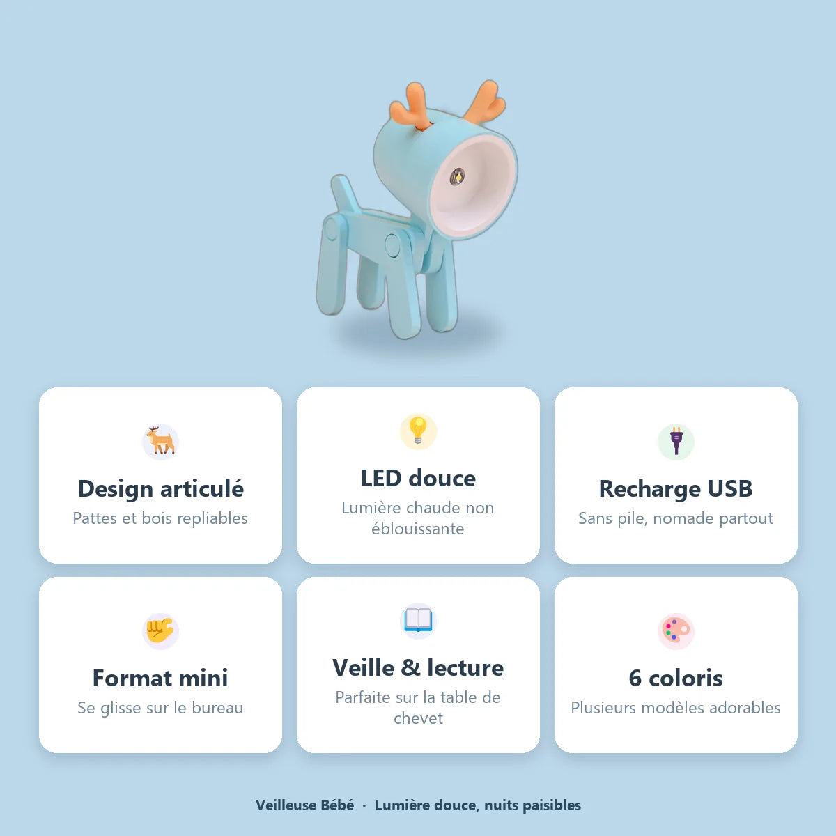 Mini veilleuse cerf articulee : LED douce, rechargeable USB, format mini, 6 coloris