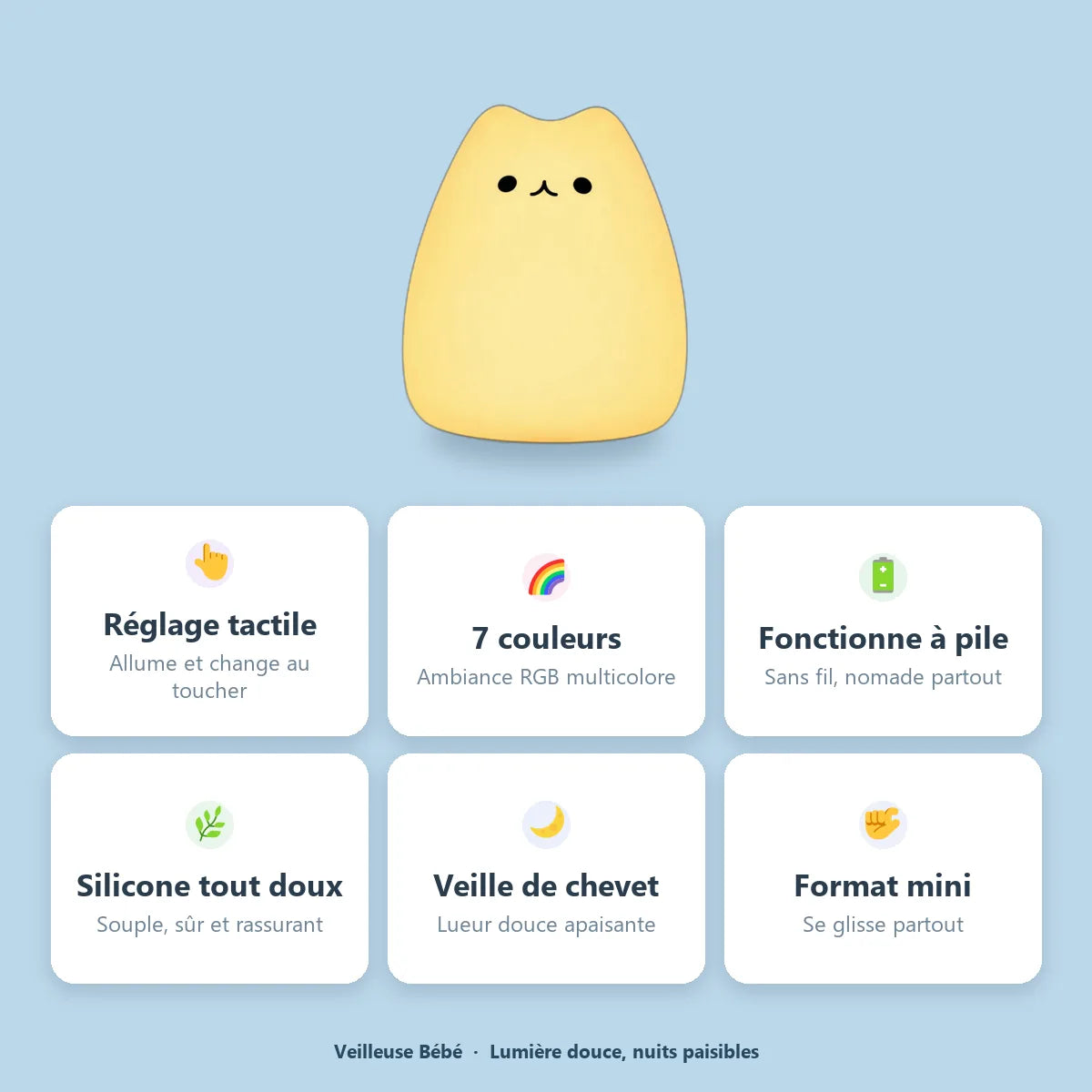 Veilleuse chat silicone : reglage tactile, 7 couleurs RGB, fonctionne a pile, silicone doux