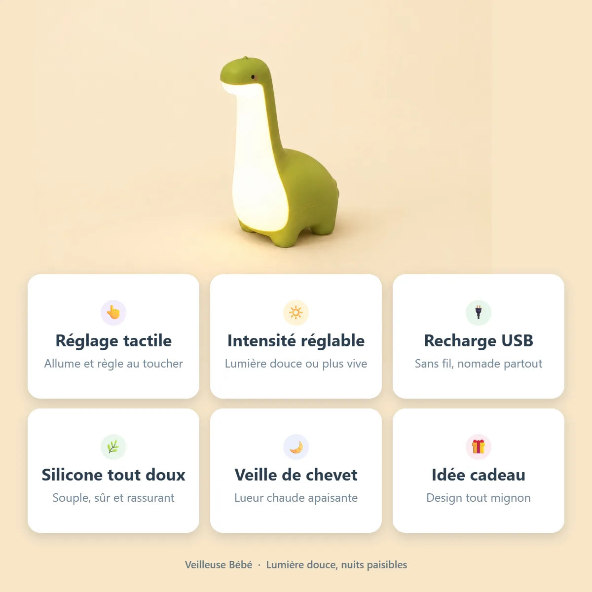 Veilleuse dinosaure : reglage tactile, intensite reglable, rechargeable, silicone doux