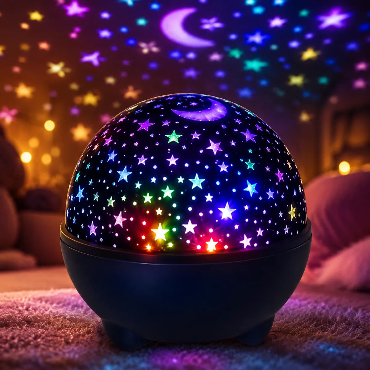 Veilleuse projecteur d'etoiles allumee dans une chambre de bebe cosy