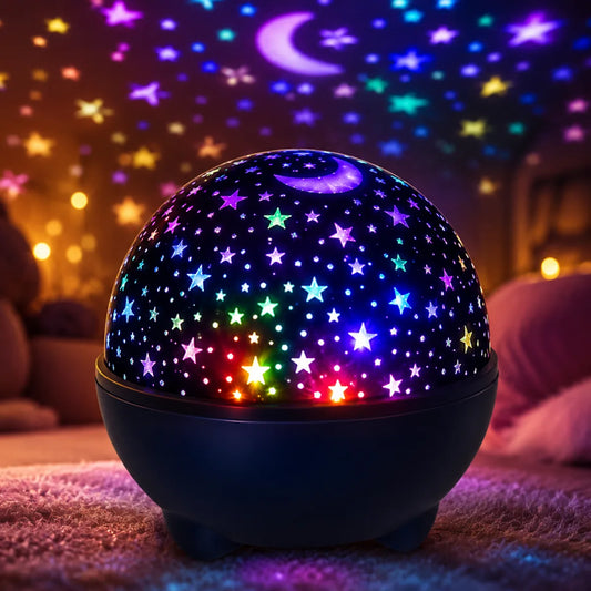 Veilleuse projecteur d'etoiles allumee dans une chambre de bebe cosy