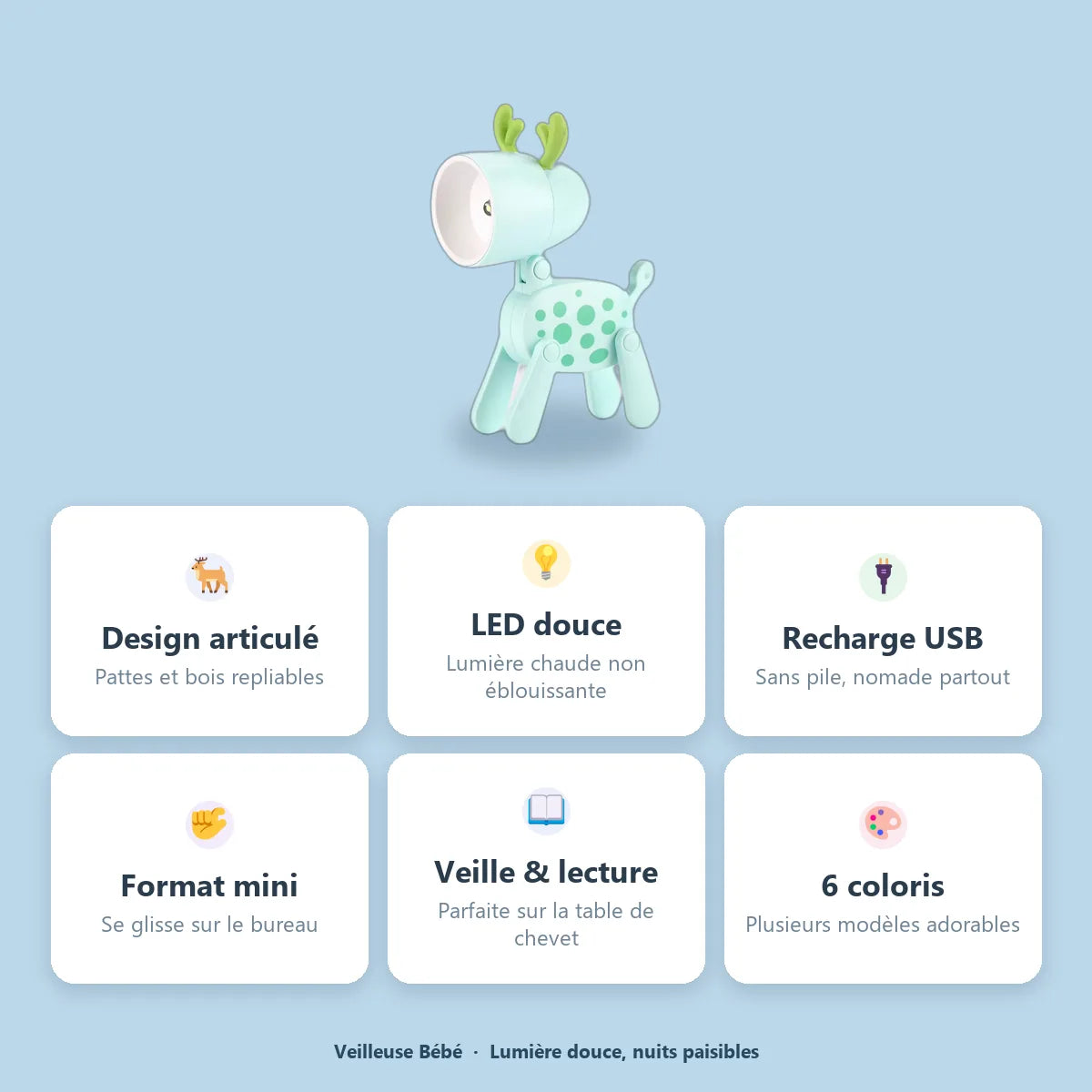 Mini veilleuse faon articulee : LED douce, rechargeable USB, format mini, 6 coloris