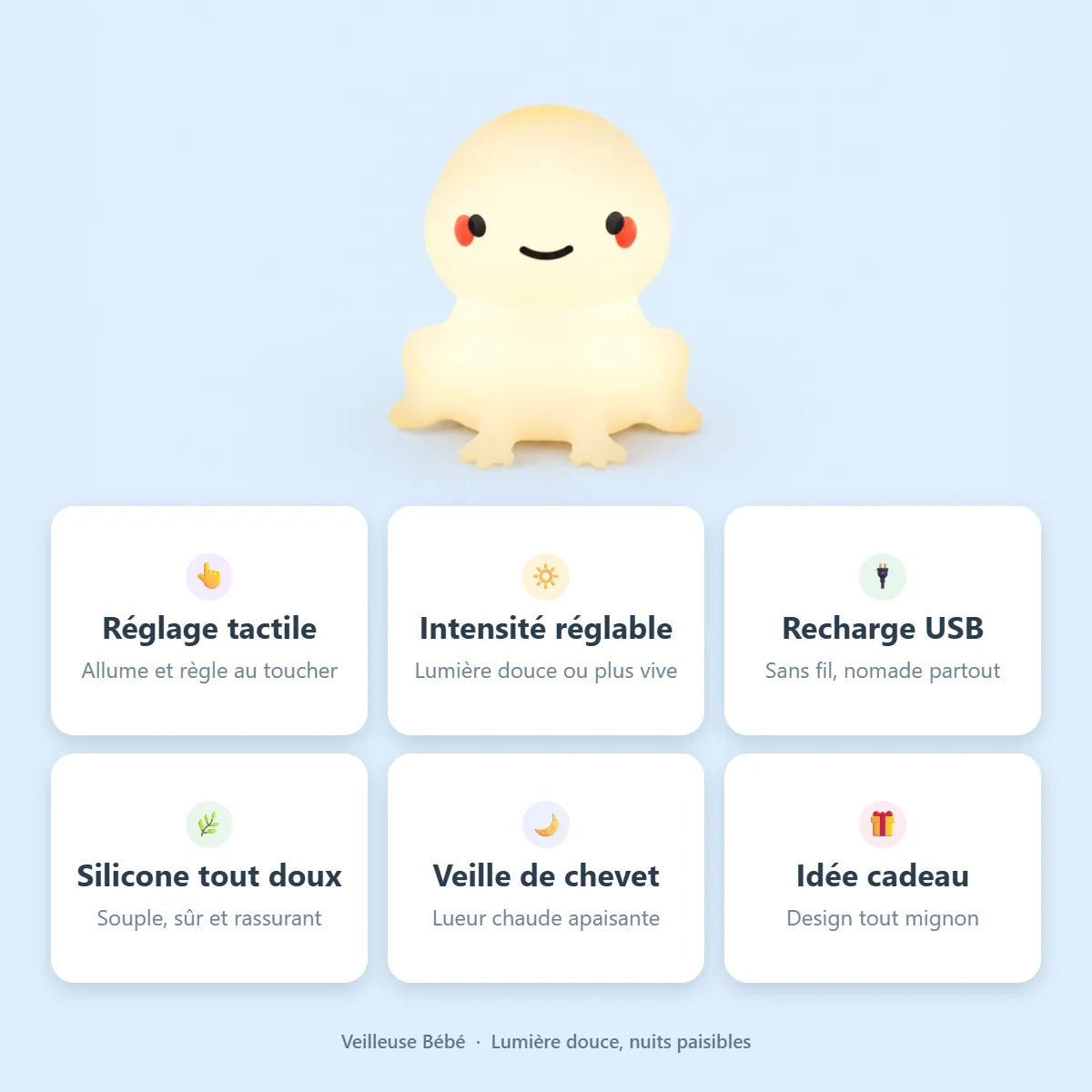 Veilleuse grenouille : reglage tactile, intensite reglable, rechargeable, silicone doux