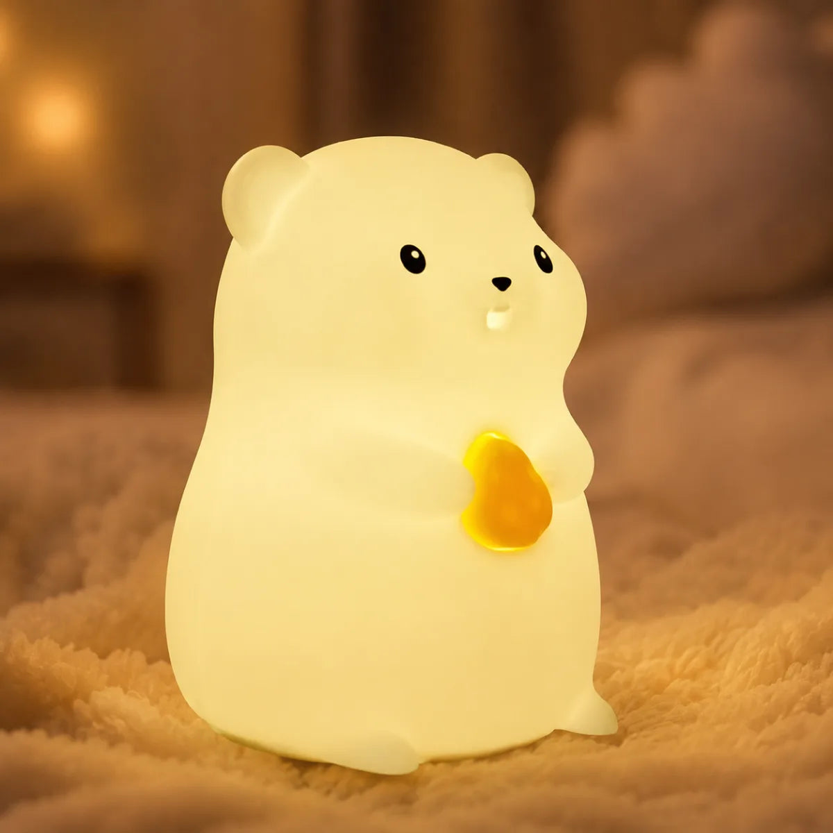 Veilleuse hamster en silicone en ambiance cosy sur textile doux