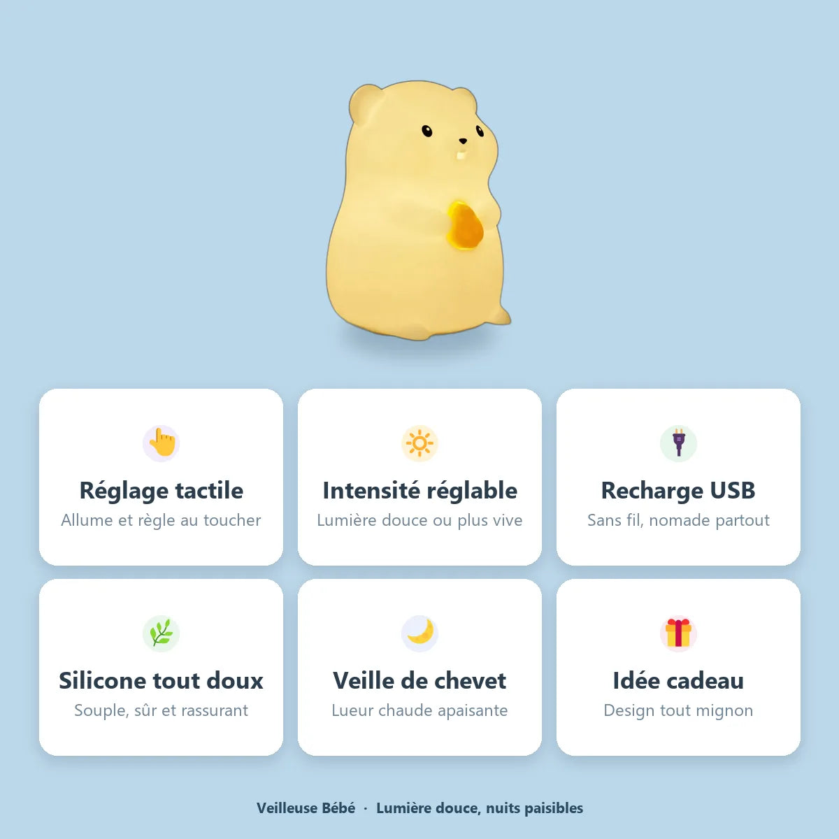Veilleuse hamster silicone : reglage tactile, intensite reglable, rechargeable USB, silicone doux