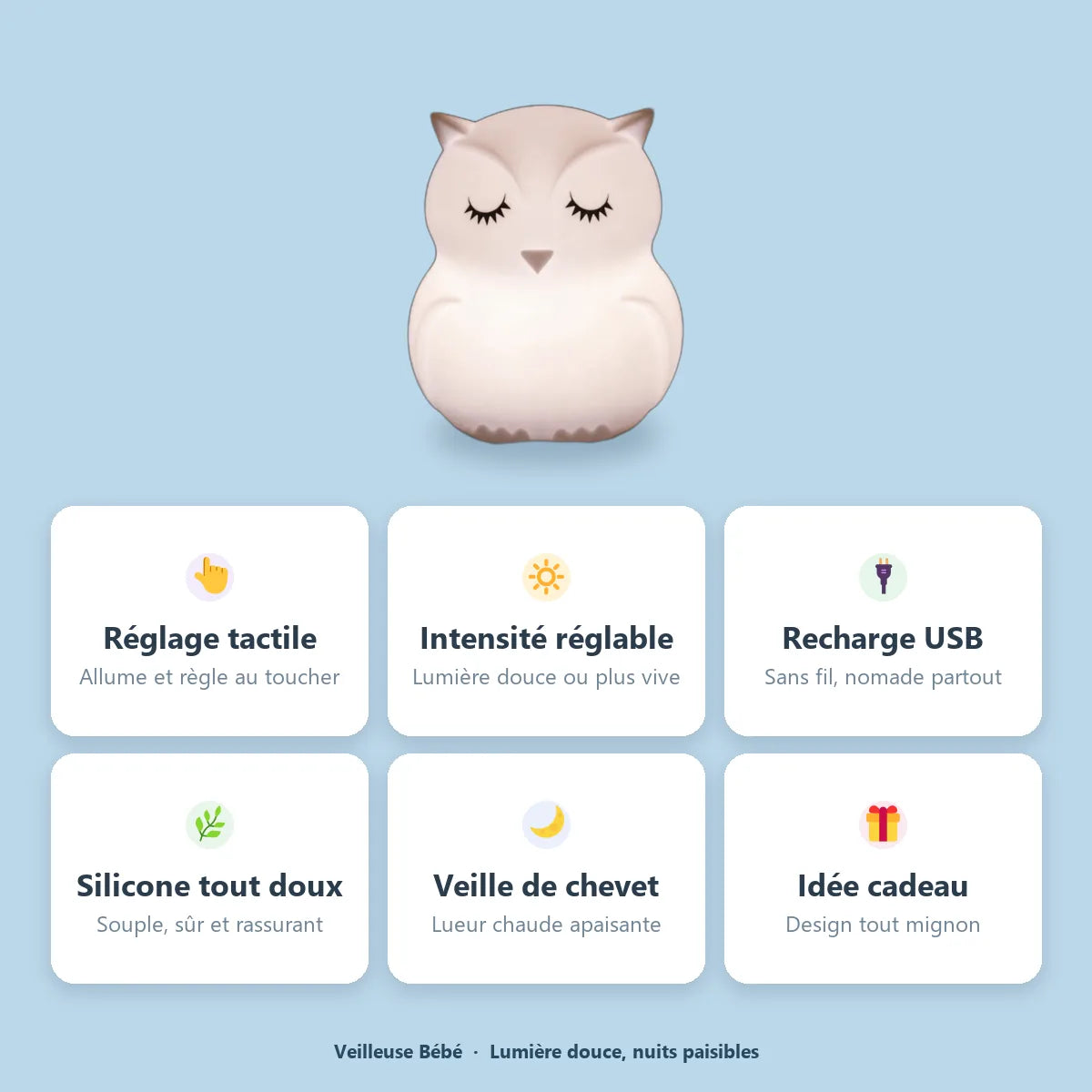 Veilleuse hibou silicone : reglage tactile, intensite reglable, rechargeable USB, silicone doux