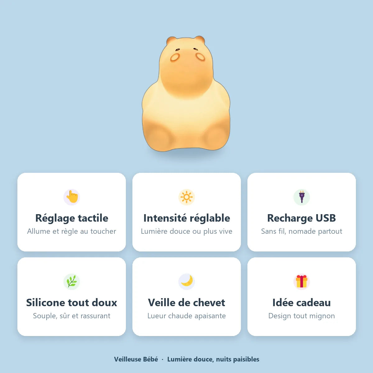 Veilleuse hippopotame silicone : reglage tactile, intensite reglable, rechargeable USB, silicone doux