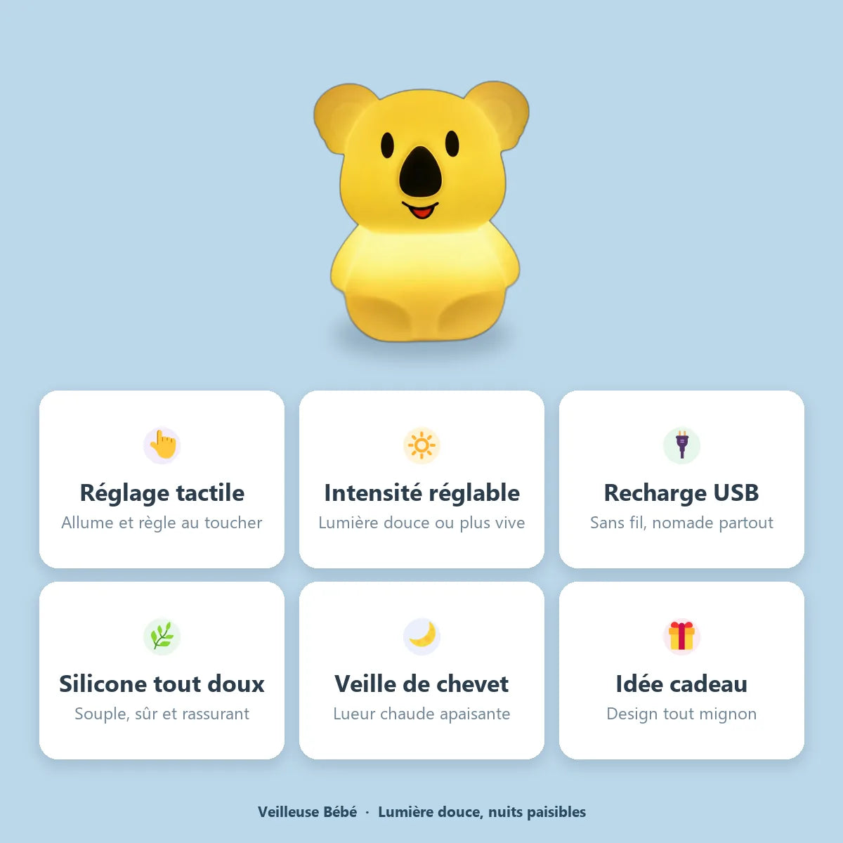 Veilleuse koala silicone : reglage tactile, intensite reglable, rechargeable USB, silicone doux