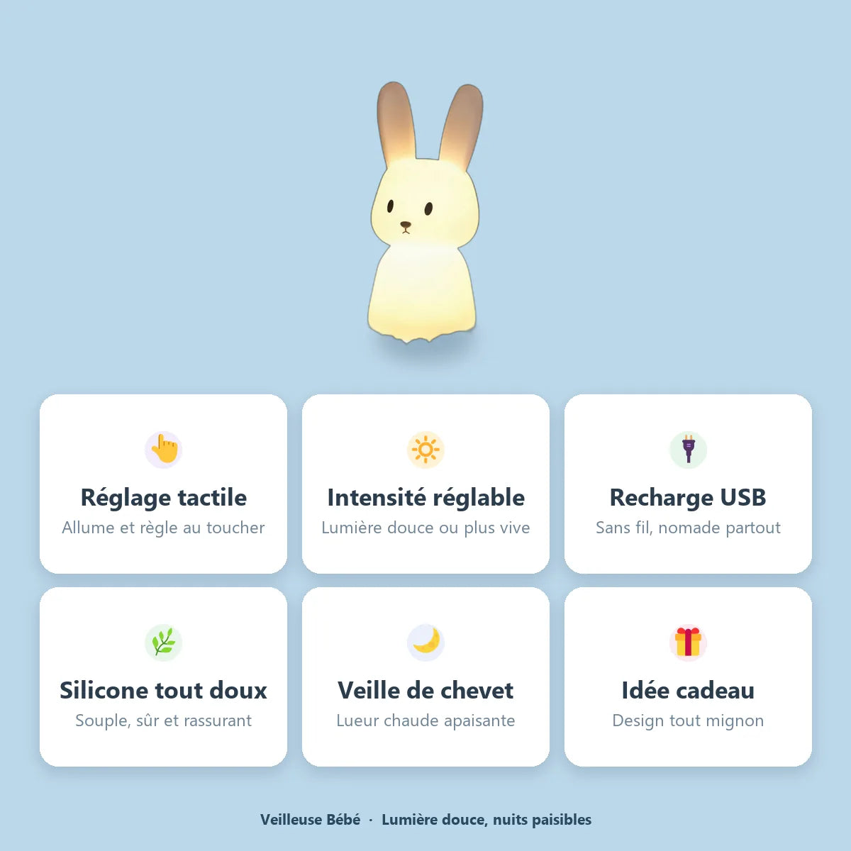 Veilleuse lapin silicone : reglage tactile, intensite reglable, rechargeable USB, silicone doux