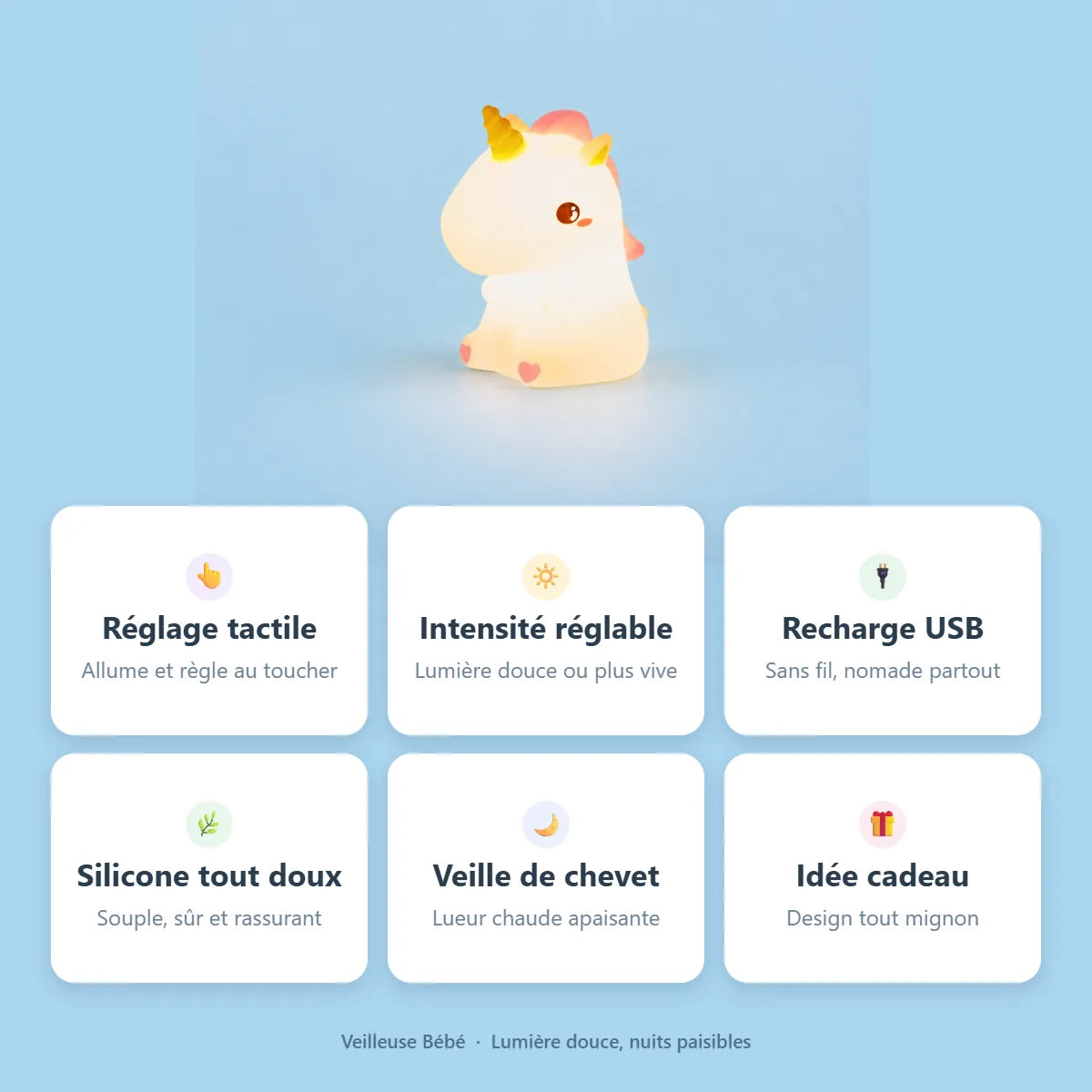 Veilleuse licorne : reglage tactile, intensite reglable, rechargeable, silicone doux