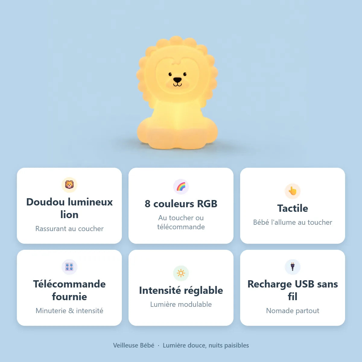Veilleuse lion - avantages : 8 couleurs RGB, tactile, telecommande, intensite reglable, recharge USB