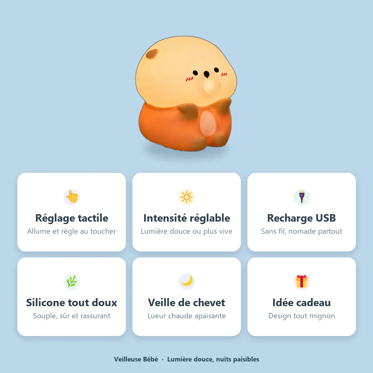 Veilleuse loutre a bulles silicone : reglage tactile, intensite reglable, rechargeable USB, silicone doux