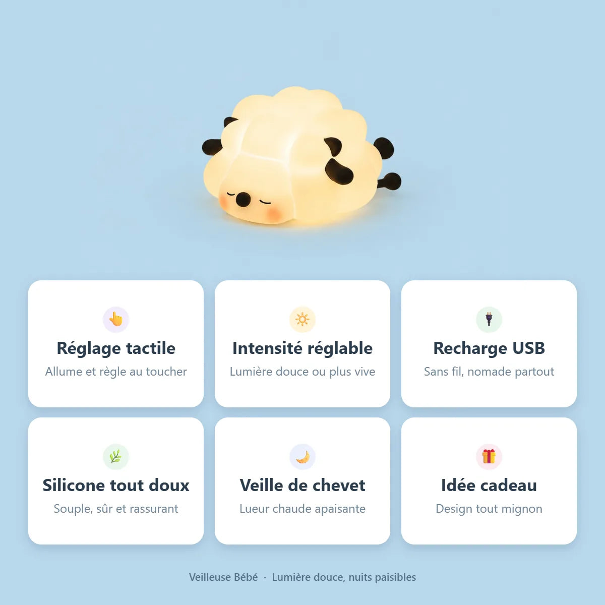 Veilleuse mouton : reglage tactile, intensite reglable, rechargeable, silicone doux