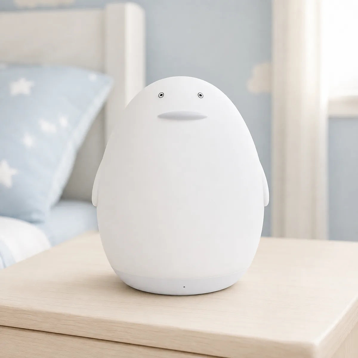 Veilleuse pingouin éteinte, silicone blanc, posée sur une table de chevet