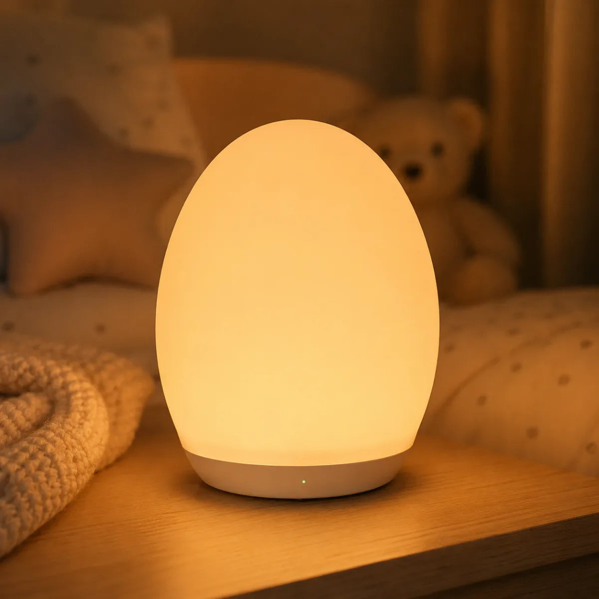 Veilleuse nomade dome allumee lueur chaude sur table de chevet, chambre bebe cosy