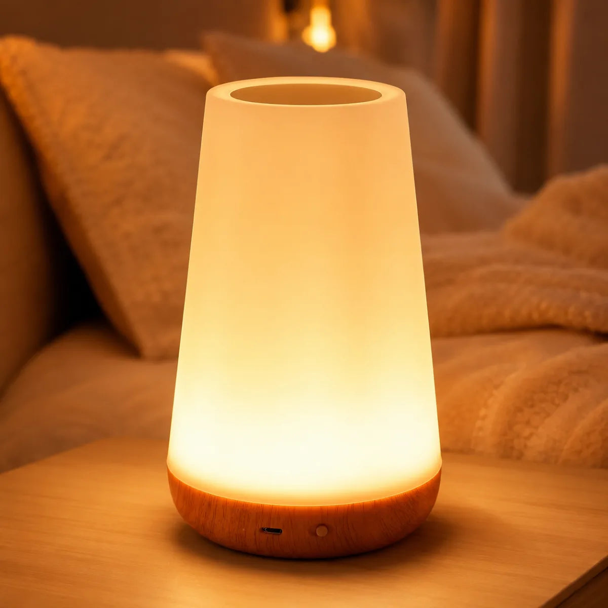 Veilleuse nomade conique base bois allumee lueur chaude, chambre bebe cosy