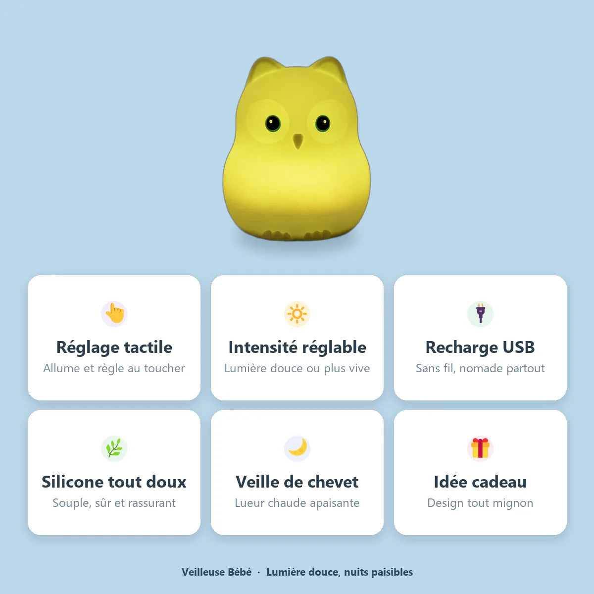 Veilleuse oiseau silicone : reglage tactile, intensite reglable, rechargeable USB, silicone doux