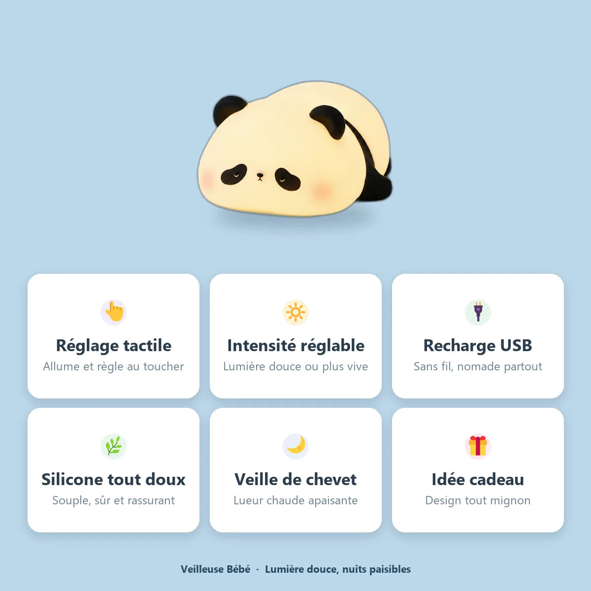 Veilleuse panda : reglage tactile, intensite reglable, rechargeable USB, silicone doux