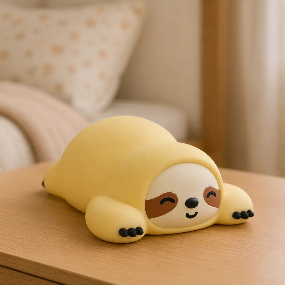 Veilleuse paresseux eteinte, silicone jaune mat sur table de chevet