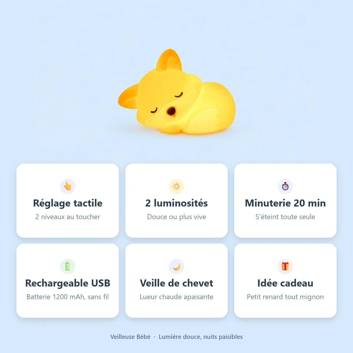 Veilleuse renard : reglage tactile, 2 luminosites, minuterie, rechargeable