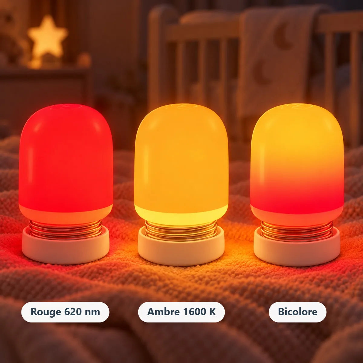 Les 3 teintes de la veilleuse : rouge 620 nm, ambre 1600 K et bicolore
