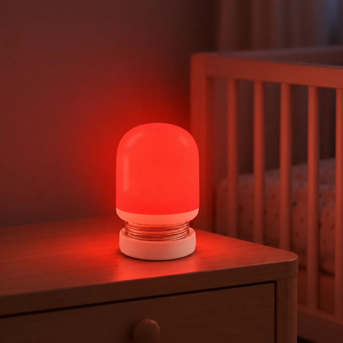 Veilleuse rouge bébé allumée sur une table de chevet de chambre d'enfant