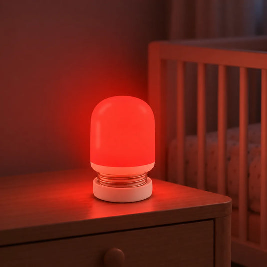 Veilleuse rouge bébé allumée sur une table de chevet de chambre d'enfant